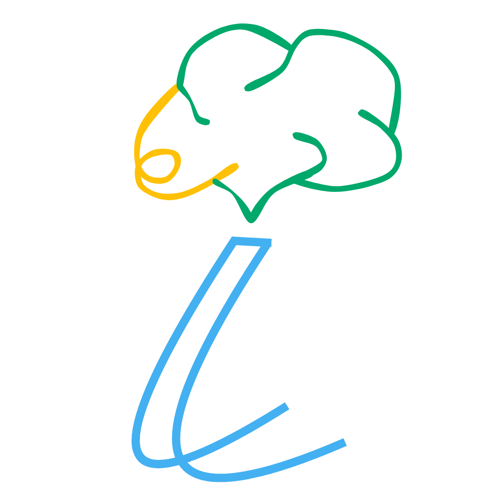 Abstract line drawing of a flower with a yellow and green bloom and blue stem on black background.